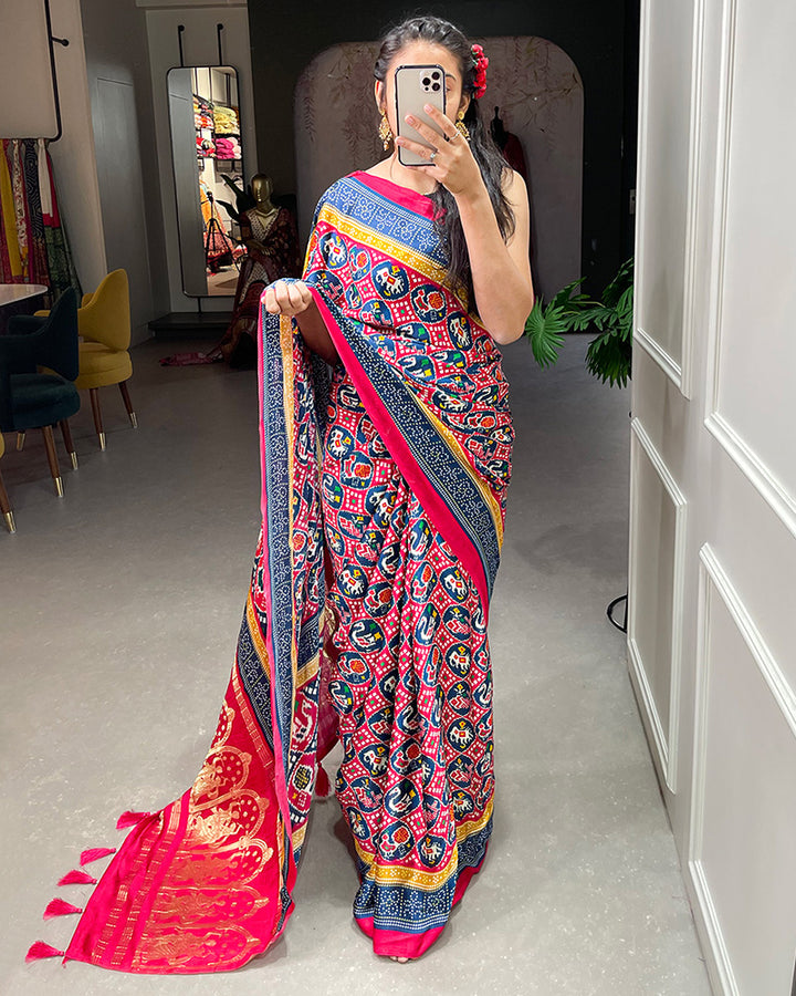 Multi Color Pure Gaji Silk Lagdi Patta Patola Printed Saree