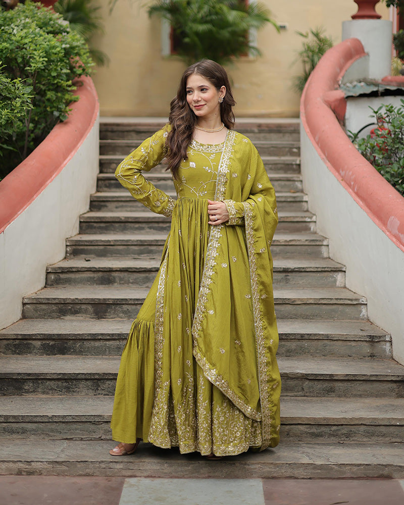 Parrot Color Chinon Embroidered Sharara Suit