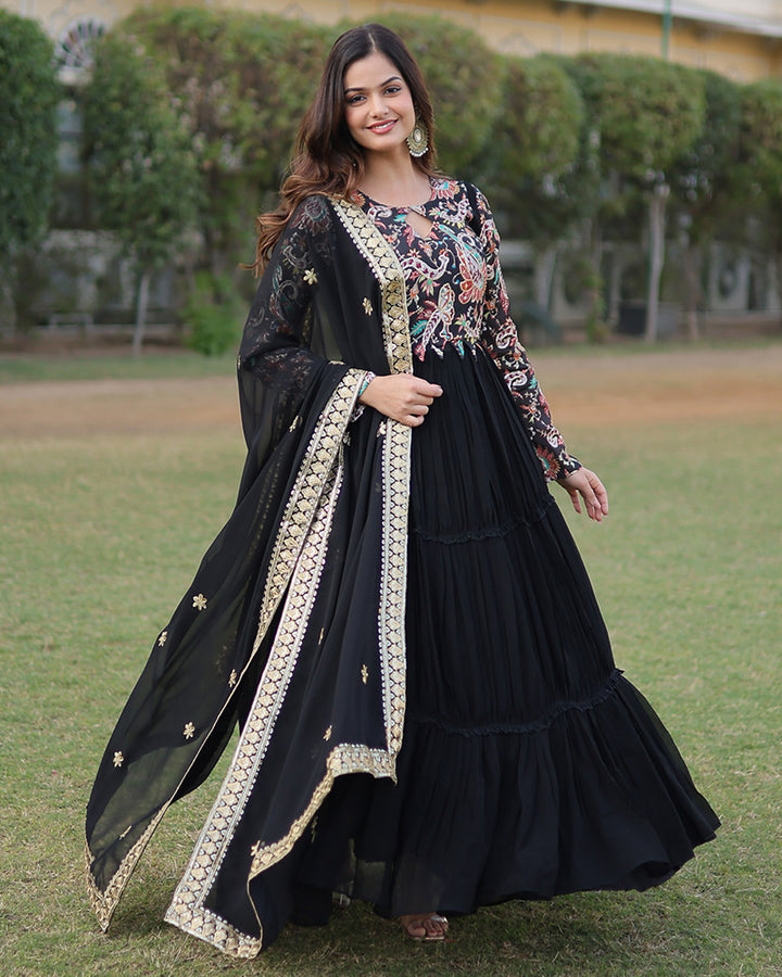 Designer Black Color Georgette Frill Anarkali Gown With Dupatta