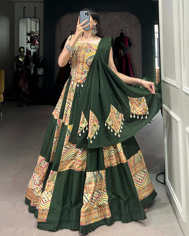 Mehndi Color Cotton Print And Foil Work Navratri Lehenga Choli