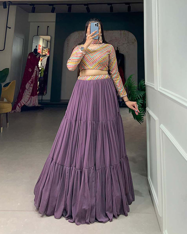 Lavender Color Georgette Designer Three Layer Lehenga Choli