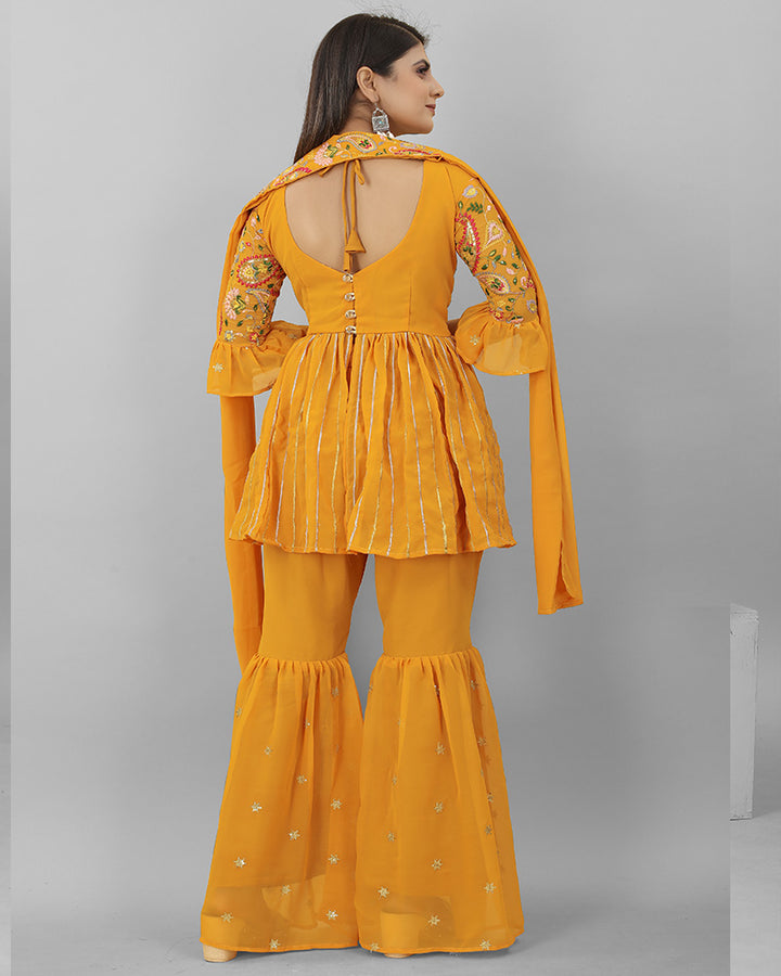 Mustard yellow Color Faux Georgette Three Piece Sharara Suit