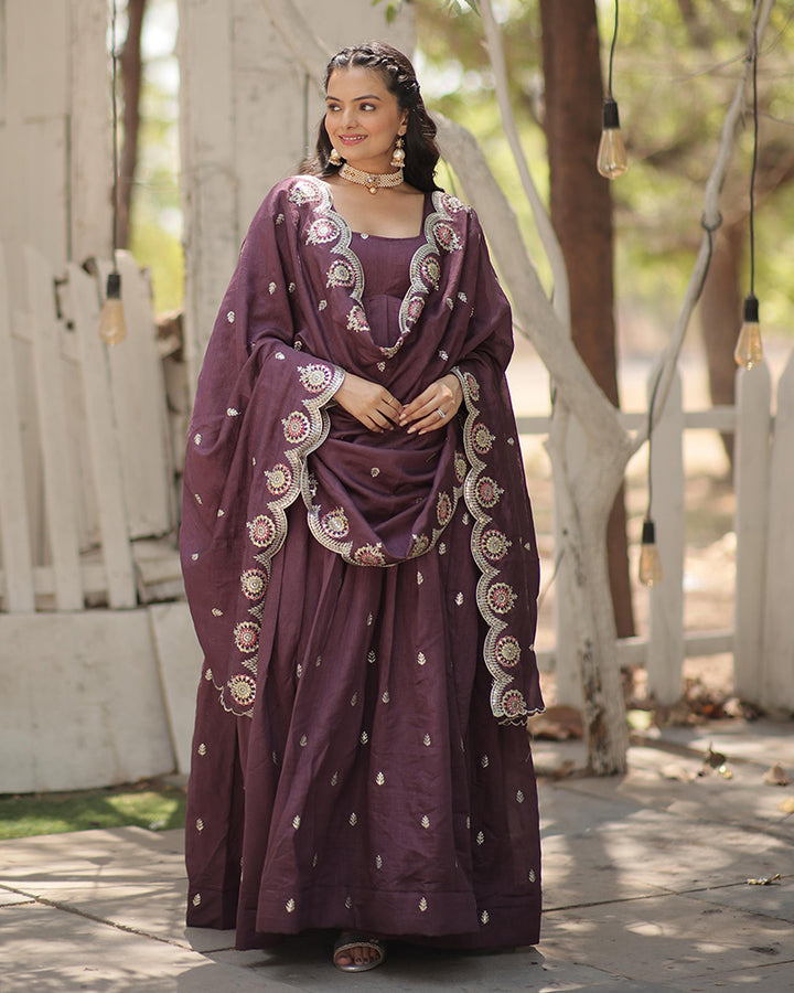 Beautiful Onion Color Shimmer Gown With Embroidered Dupatta