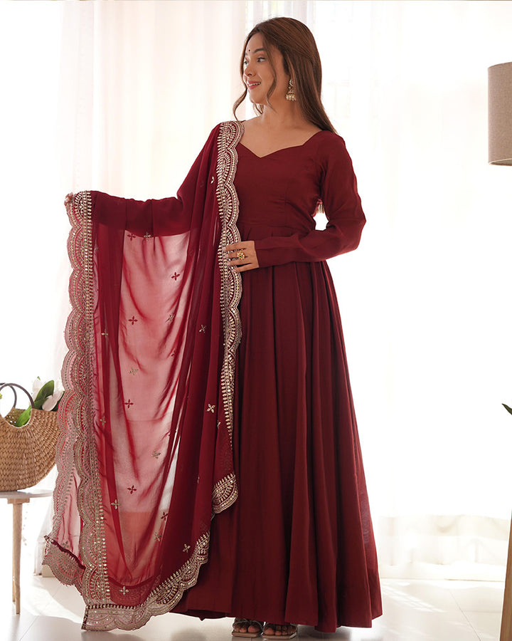 Maroon Color Chanderi Silk Three Piece Anarkali Suit