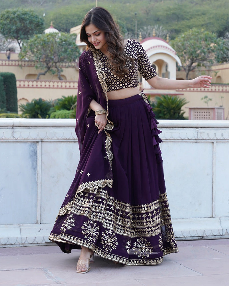 New Design Wine Color Georgette Lehenga Choli With Beautiful Dupatta