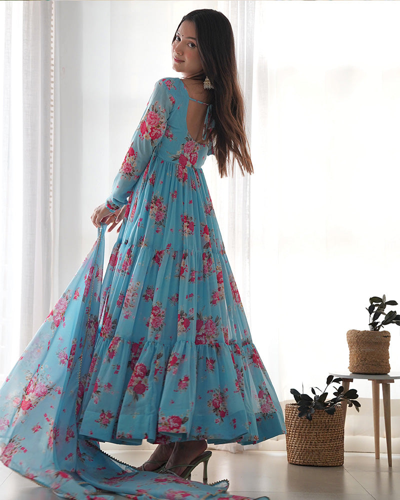 Floral Print Sky Blue Color Georgette Frill Anarkali Suit