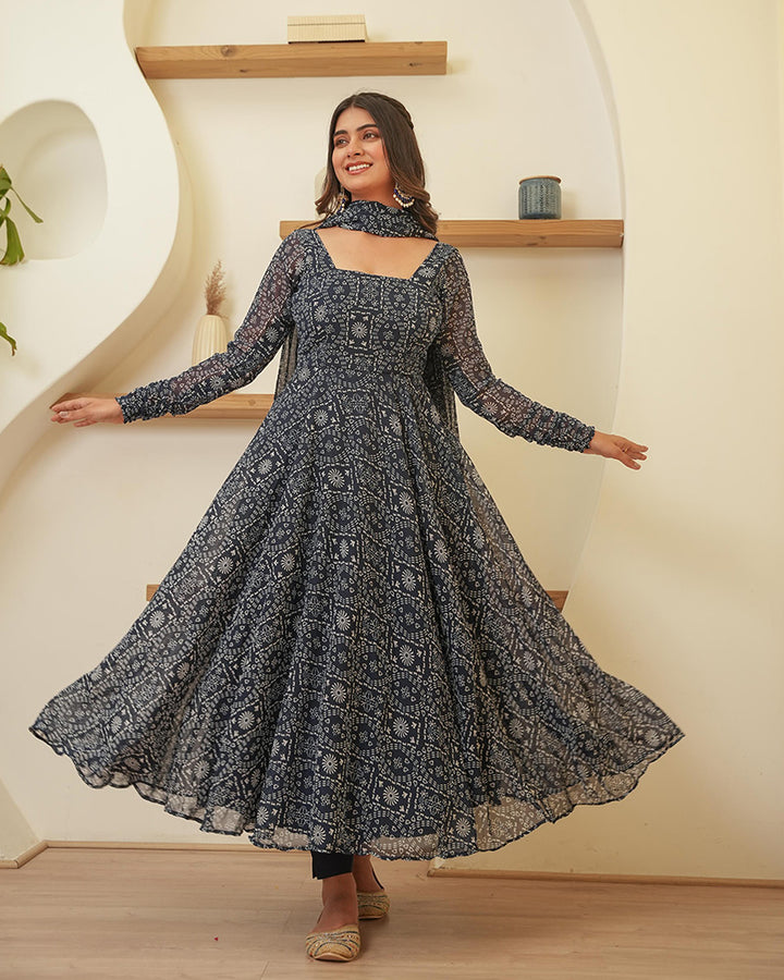 Navy Blue Color Georgette Digital Printed Anarkali Suit