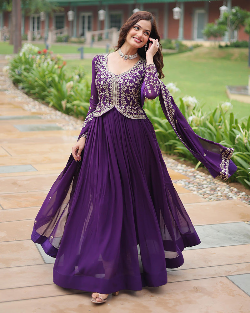 Designer Purple Color Anarkali Gown With Embroidery Dupatta