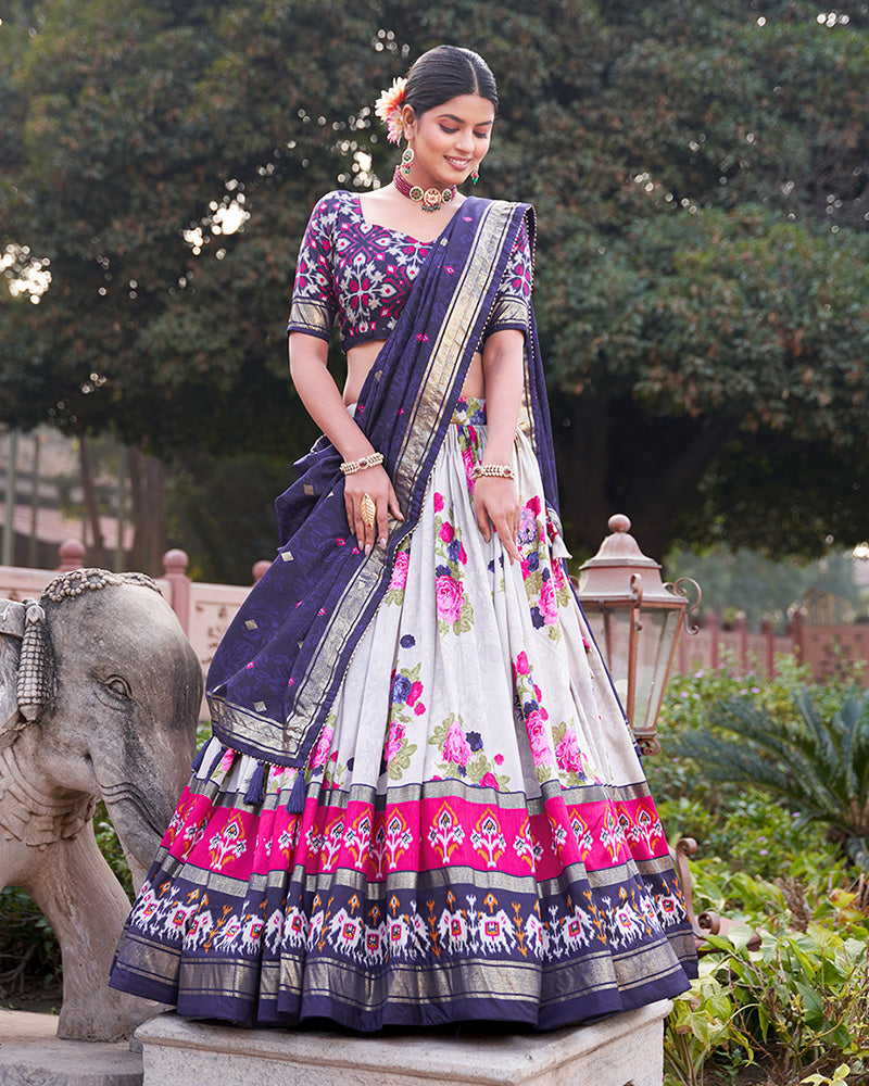 Navy Blue Color Tussar Silk Floral And Patola Print Lehenga Choli