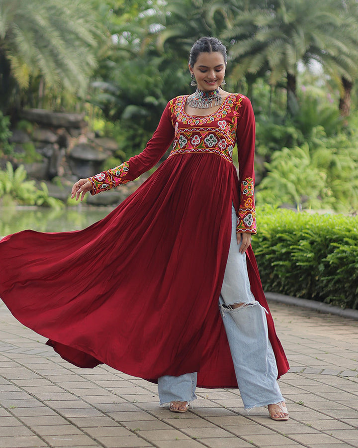 Navratri Special Maroon Color Rayon Kutchi Work Kurti