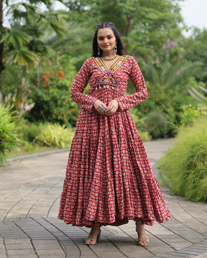 Navratri Special Maroon Color Cotton Gamthi Work Gown