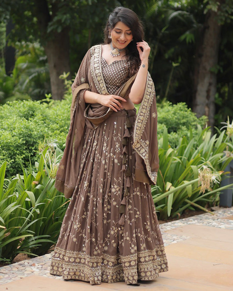 Designer Brown Color Blooming Lehenga Choli With Beautiful Dupatta