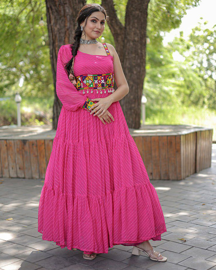 Navratri Special Pink Color Georgette kutchi Patche Work Gown