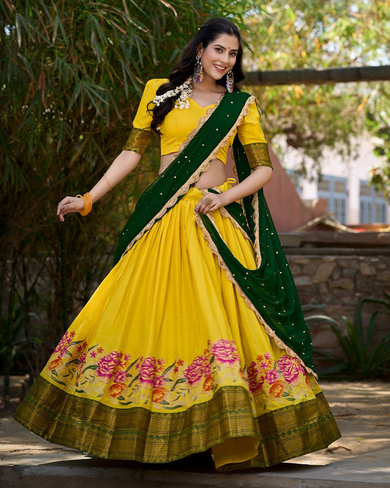 Designer Yellow Color Cotton Silk Lehenga Choli