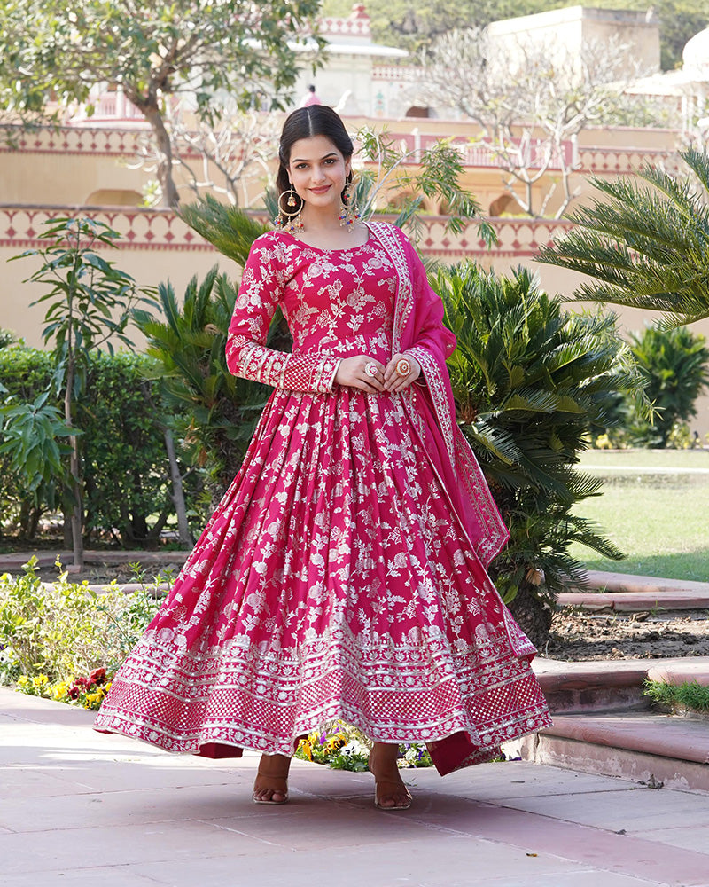 Beautiful Pink Color Viscose Jacquard Gown With Russian Silk Dupatta