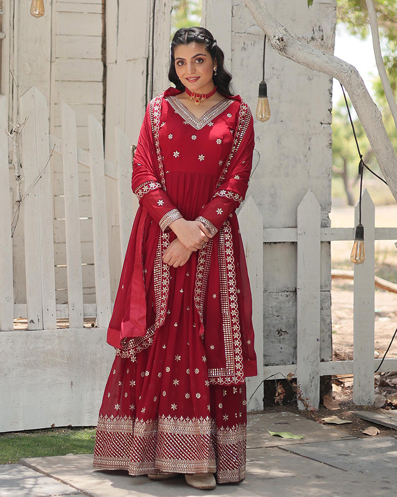 Maroon Color Georgette Gown With Embroidered Dupatta