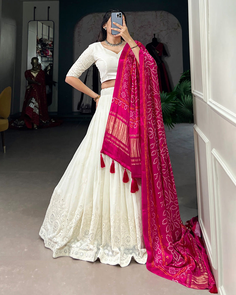 Designer Off-White Lucknowi Work Georgette Lehenga Choli