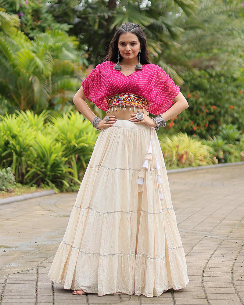 Pink Color Choli With Off-White Kora Cotton Lehenga