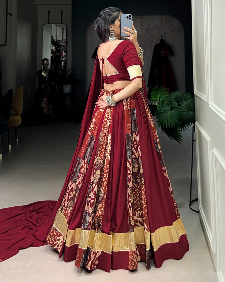 Maroon Color Rayon And Tussar Silk Printed Navratri Lehenga Choli