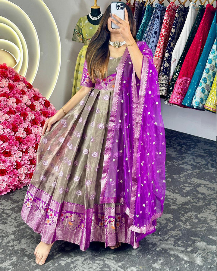 Purple Color Kota Silk Jacquard Gown With Dupatta