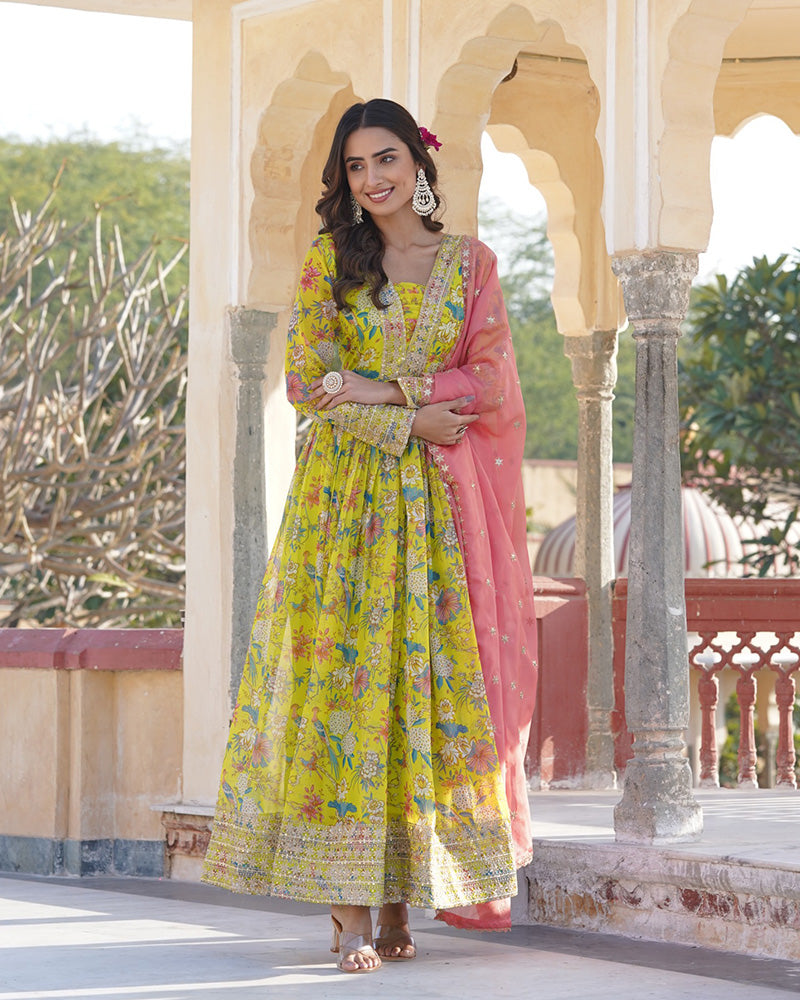 Yellow Color Russian Silk Gown With Designer Dupatta