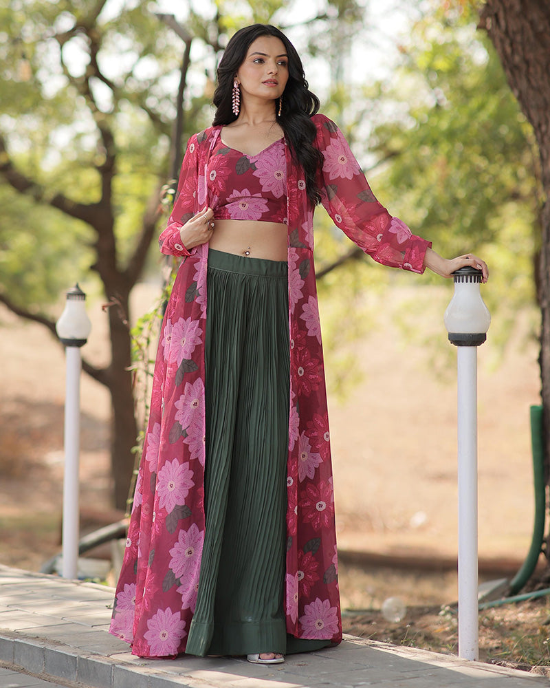 Green Color Faux Georgette Printed Lehenga Choli