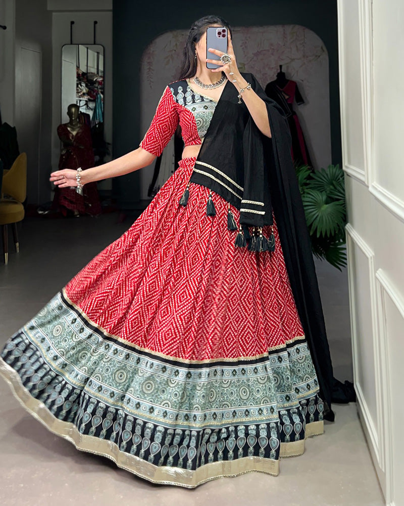 Red Color Rayon Ajarakh Printed Navratri Lehenga Choli