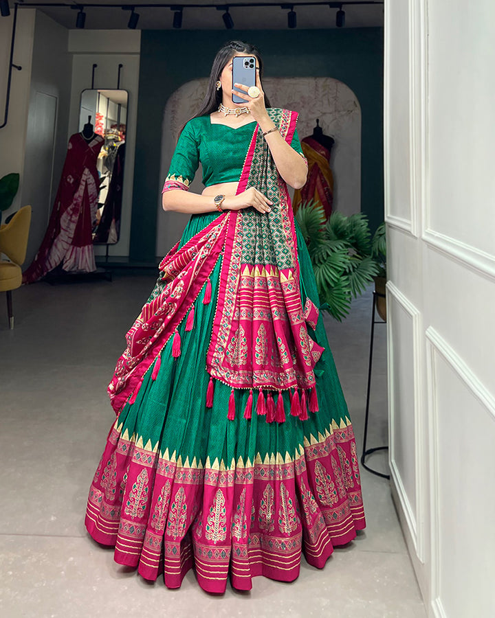 Green Color Tussar Silk Foil Print Designer Semi Stitched Lehenga Choli