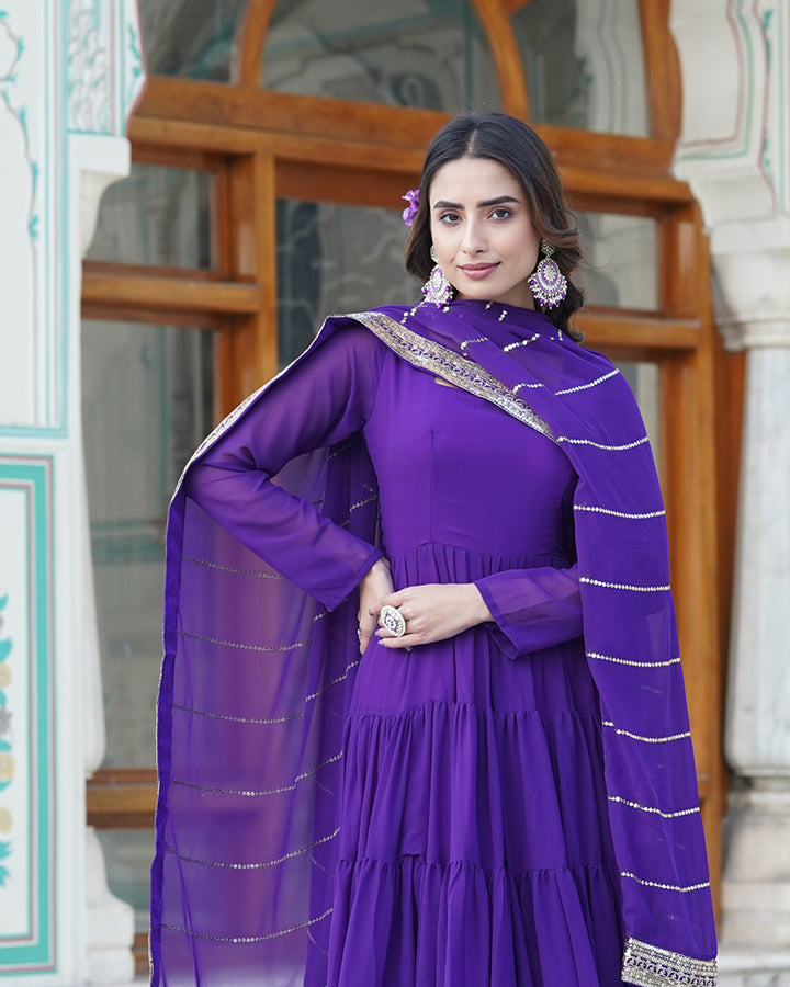 Purple Color Georgette Frill Anarkali Gown With Heavy Dupatta Work