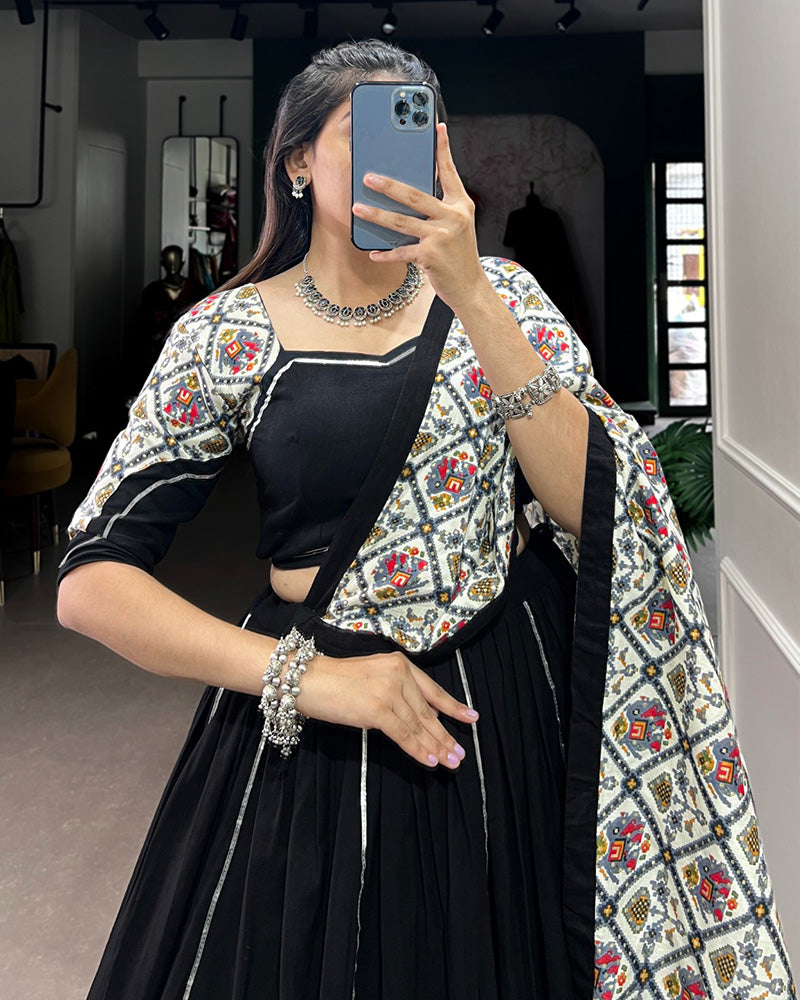 Designer Black And White Color Patola Printed Navratri Lehenga Choli