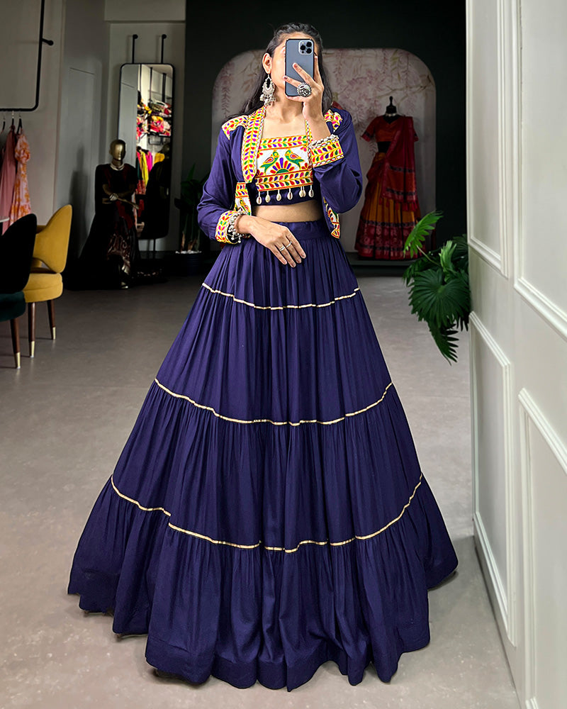 Navy Blue Color Pure Rayon Frill And Gamthi Work Navratri Lehenga Choli