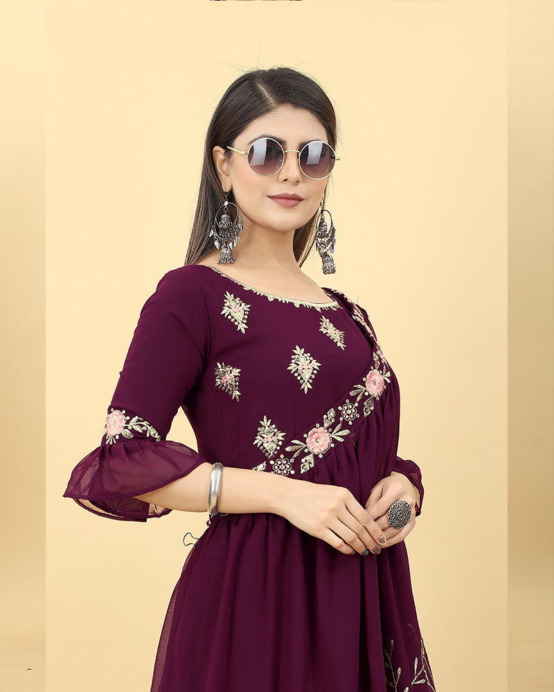 Wine Color Embroidered Georgette Anarkali Gown