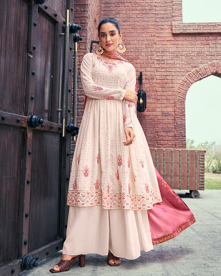 Embriodered chiku Color Faux Georgette Three Piece Palazzo Suit