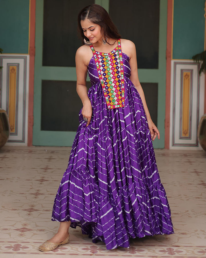 Navratri Special Purple Color Chinon Laheriya Gown