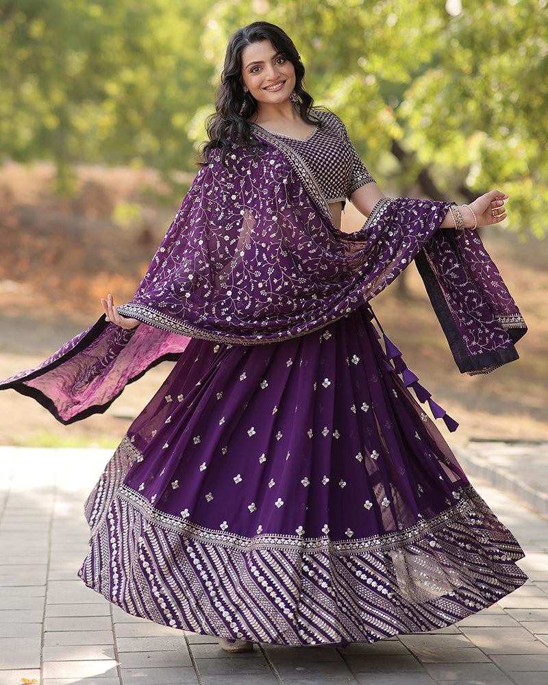 Wedding Wear Dark Purple Color Blooming Embroidered Lehenga Choli