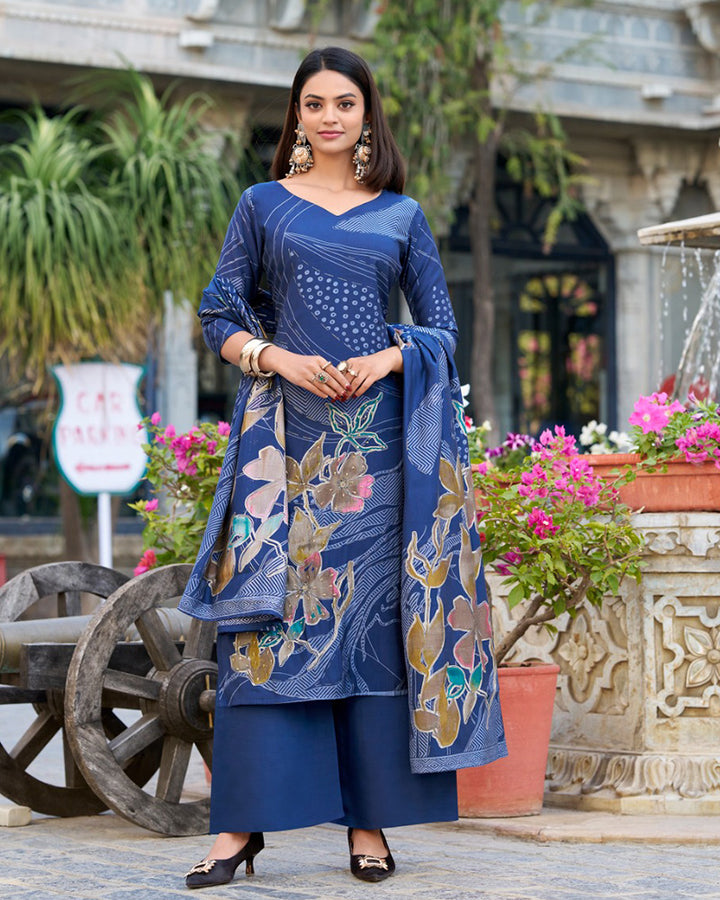 Navy Blue Color Roman Silk Floral Printed Salwar Suit