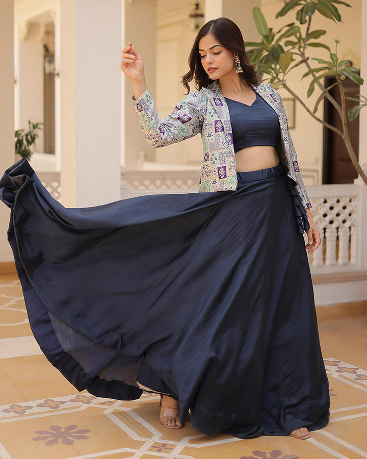 Navy Blue Color Pure Chinon Wedding Lehenga Choli