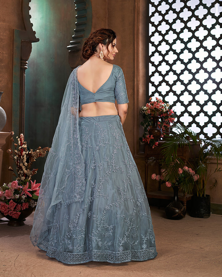 Grey Color Net Designer Embroidered Lehenga Choli