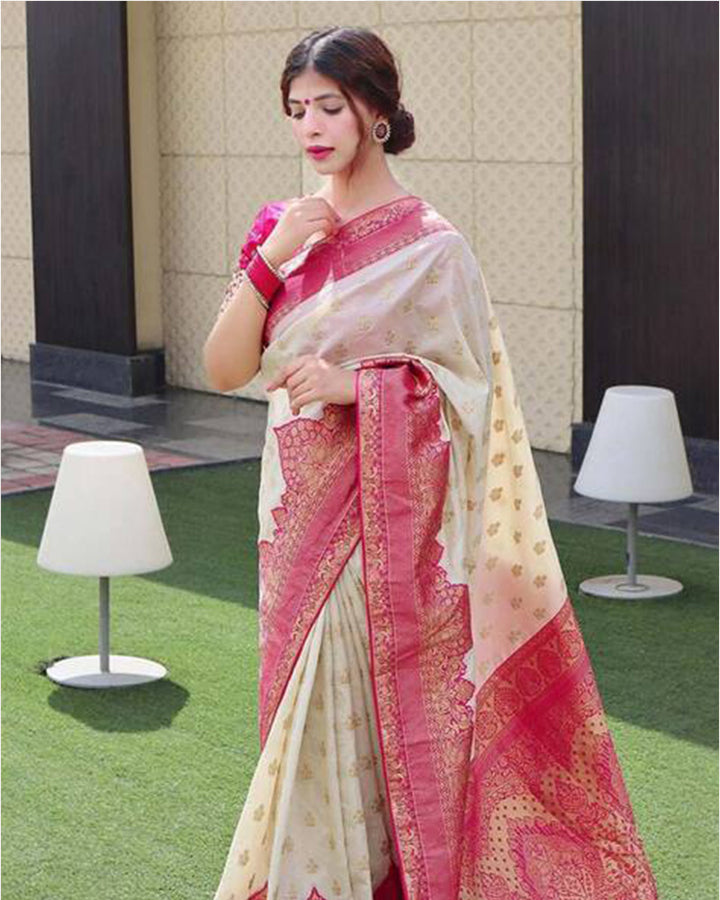 Designer Pink And Cream Color Jacquard Banarasi Silk Saree