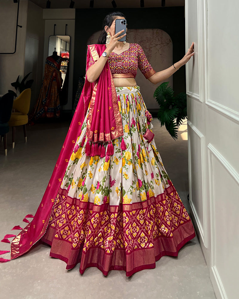 Pink Color Floral And Patola Print Tussar Silk Lehenga Choli