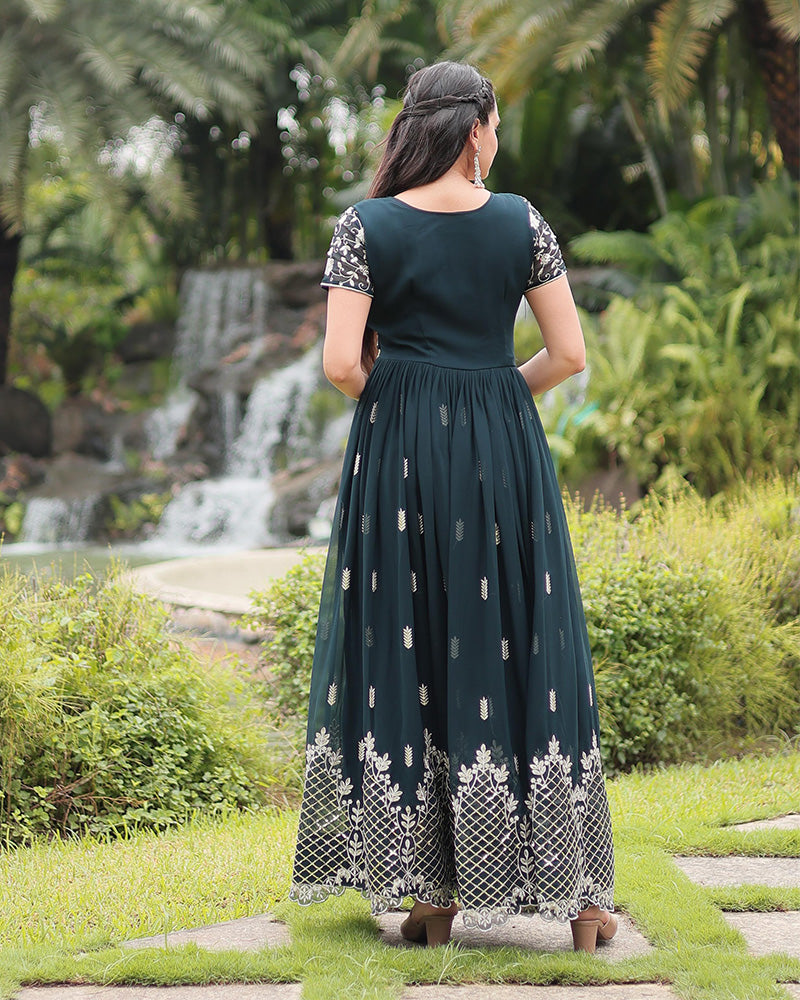 Beautiful Mehndi Color Zari Embroidered Anarkali Gown