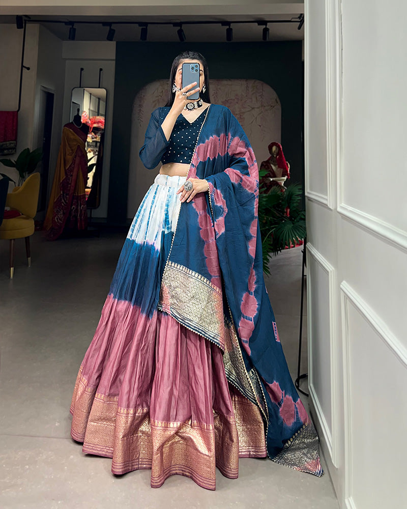 Firozi Color Pure Chanderi Shibori print lehenga Choli