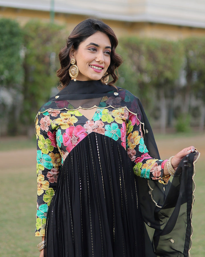 Beautiful Black Color Alia Cut Three Piece Anarkali Suit