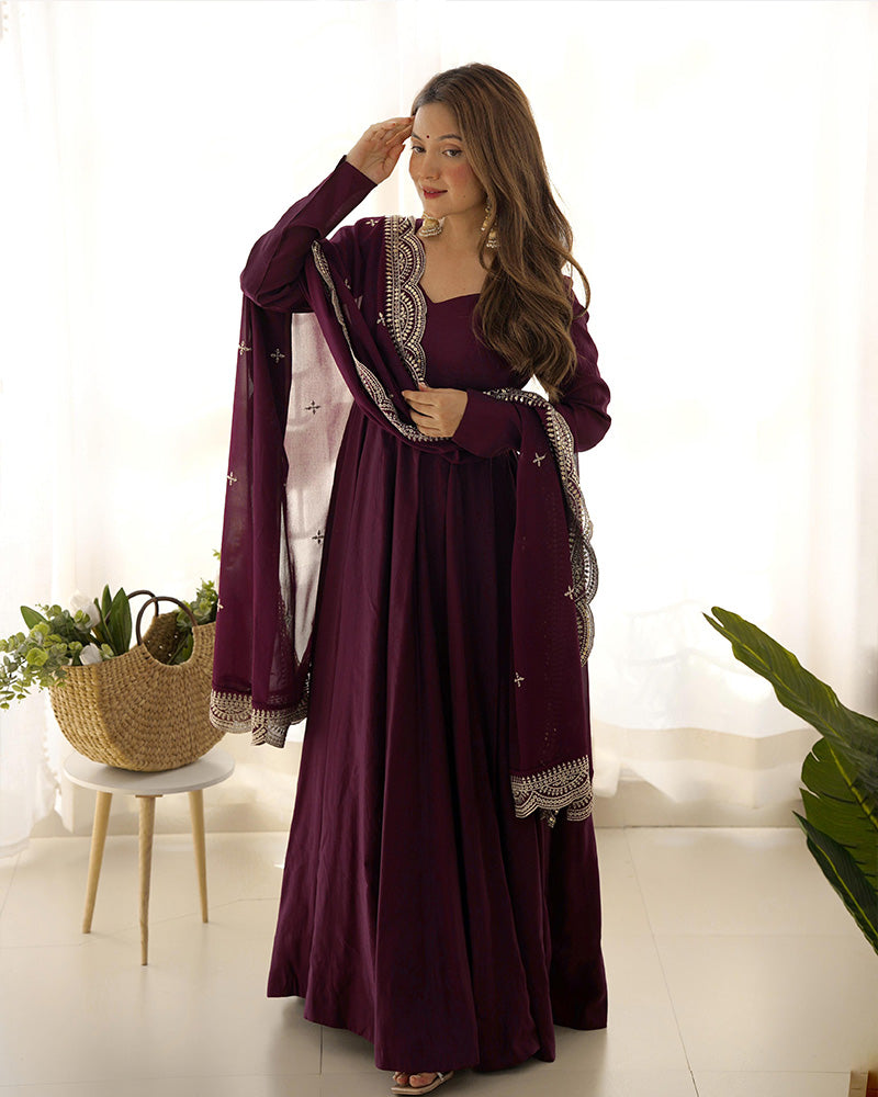 Wine Color Chanderi Silk Three Piece Anarkali Suit