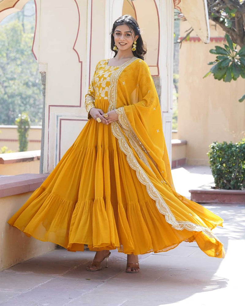 Designer Yellow Color Faux Blooming Frill Anarkali Gown With Dupatta