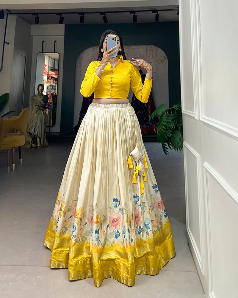 Yellow Color Fully Stitched Dola Silk Lehenga Choli