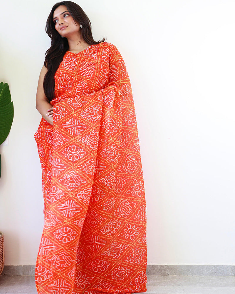 Orange Georgette Bandhej Print Ready To Wear Gown Saree