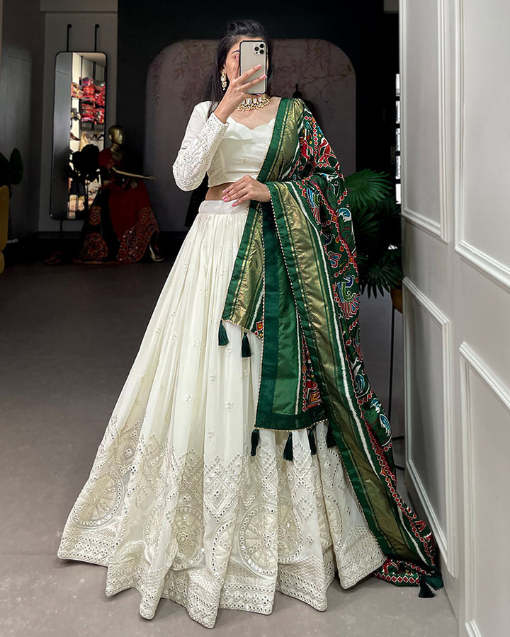 Designer Lucknowi Work Georgette Lehenga Choli With Green Patola Print Dupatta