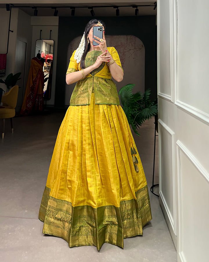 Western Design Yellow Color Kanjivaram Lehenga Choli