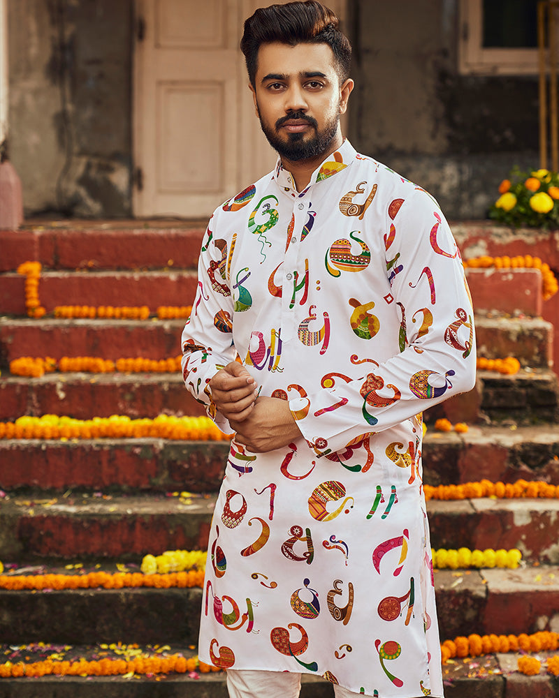 White Color Printed Art silk Men's Kurta